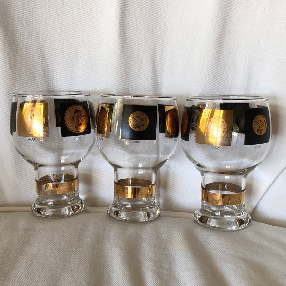 MCM Coin Glasses Beer Bar Goblets Vintage Black Gold
